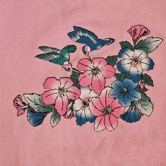 Vintage 80s Pink Crewneck Grannycore Sweatshirt Hummingbirds‎ Flowers M/L USA - Picture 2 of 10